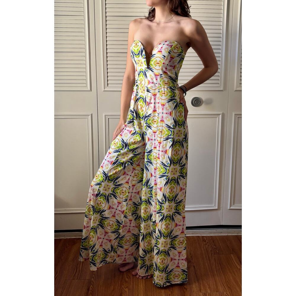 🔥 Her..Bottari Sz M Kaleidoscope Dream Strapless V-Wire Wide-Leg Jumpsuit 🔥
